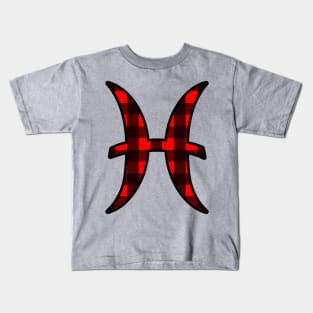 Pisces Zodiac Horoscope Symbol in Black and Red Buffalo Plaid Kids T-Shirt